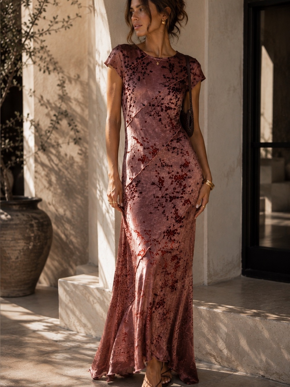 Elegant Rosewood Floral Velvet Maxi Dress